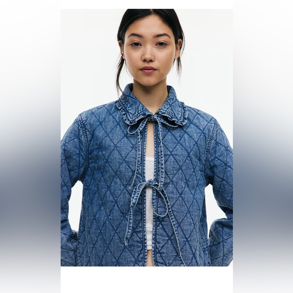 Blue Quilted Denim Jacket with Bow Tie